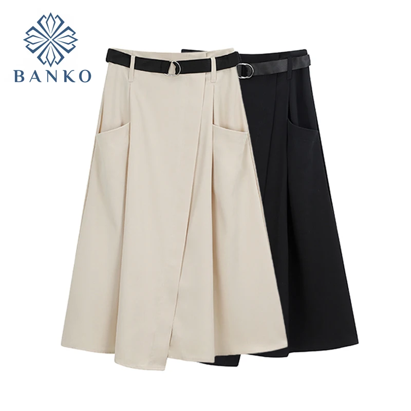 

Women Midi Skirts High Waist Vintage Solid Color With Belt Korean Style Asymmetric Fashion Long Skits Femme Jupe 2021 Autumn New