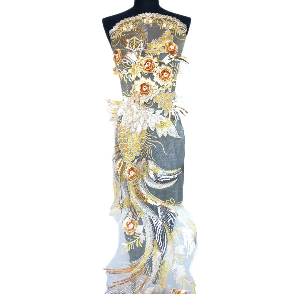 Кружевная ткань с блестками вышитыми цветами и Фениксом 130 см | Дом сад