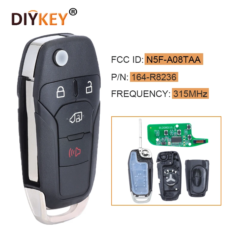 

DIYKEY 4 Buttons Flip Keyless Remote FOB 315MHz ID49 chip for 2019-2020 Ford Transit Connect P/N:164-R8236 FCC: N5F-A08TAA