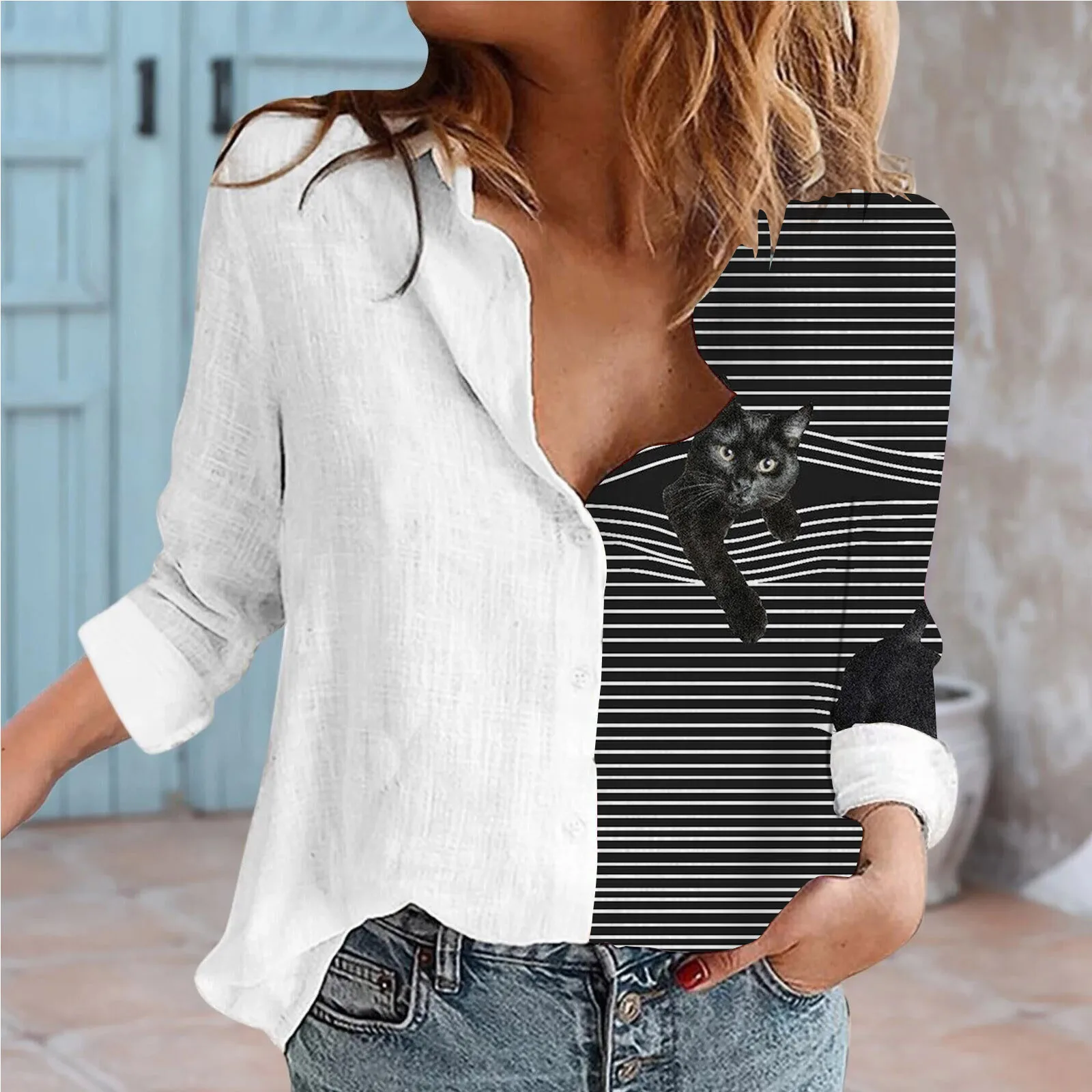 Рубашка с отложным воротником на пуговицах принтом кота длинным рукавом