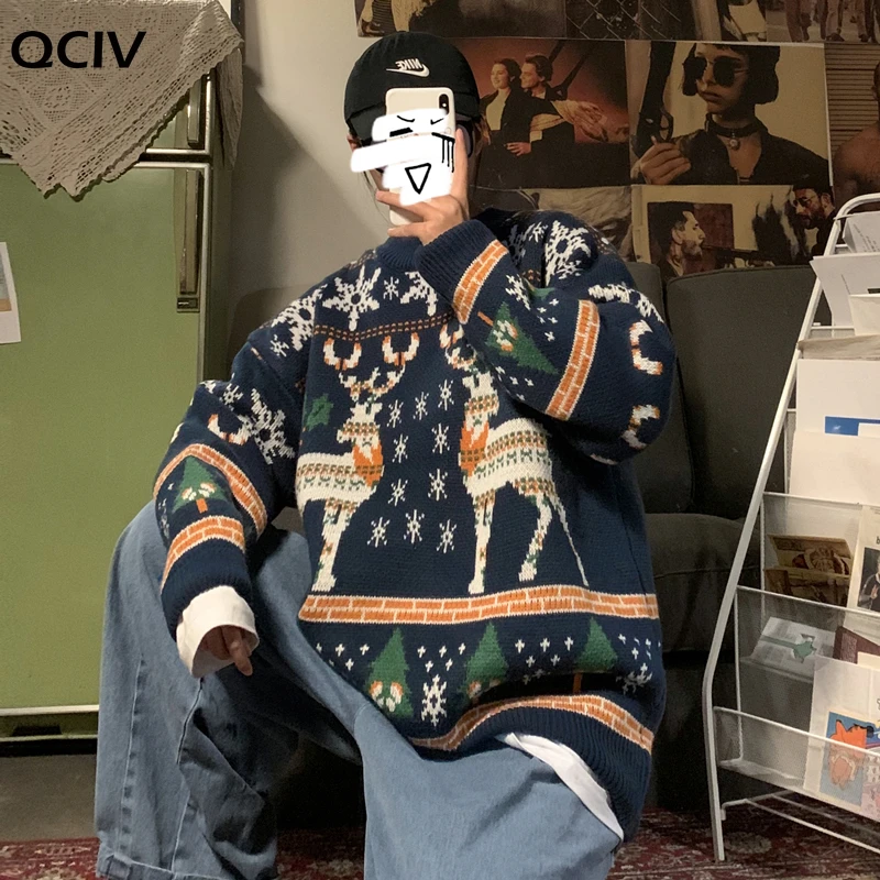 

Unisex Christmas Sweater Funny Reindeer Printed Christmas Sweatshirt Men Crewneck Winter Xmas Sweaters Jumpers Tops
