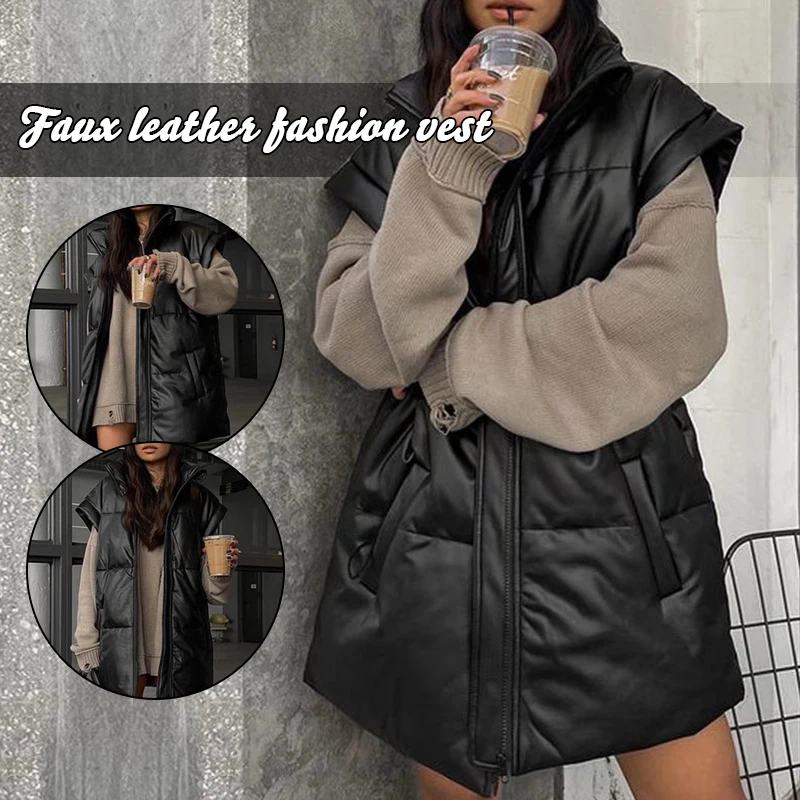 

Fashion Stand Collar Simple Waistcoat Women Elegant Side Pockets Coats Sleeveless Jacket Lady Faux Leather Straight Long Vests