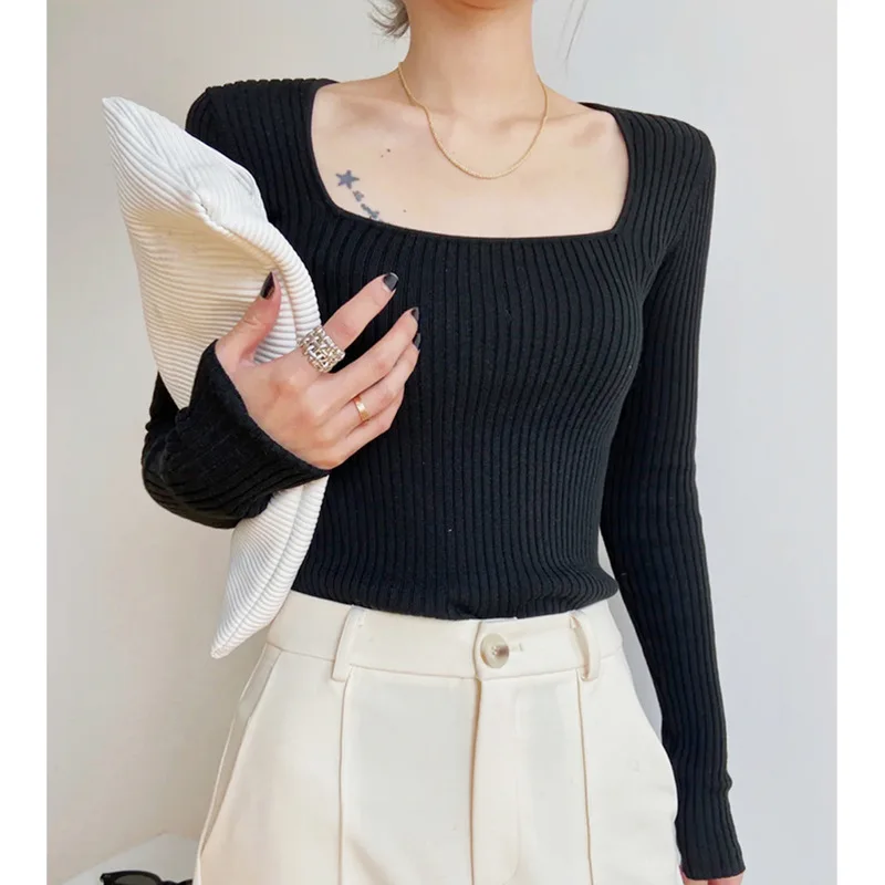 

Женский свитер, Новинка лета 2021, Стильный Эластичный свитер с квадратным вырезом, Тонкий Топ, женская рубашка