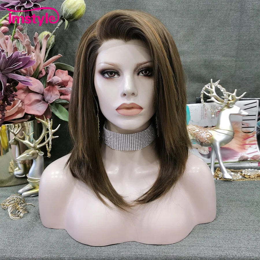 

Imstyle Brown Wigs Synthetic Lace Front Wig Short Straight Hair Wigs For Women Heat Resistant Fiber Cosplay Daily Wig 14 inches