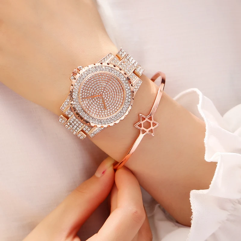 Женские часы с кристаллами льда роскошные брендовые бриллиантами розовое золото