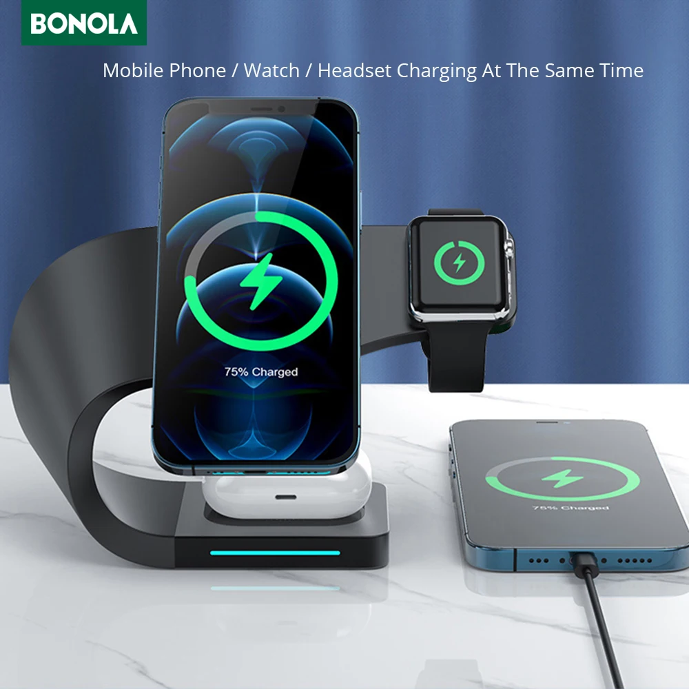 Беспроводное зарядное устройство Bonola 4 в 1 подставка с RGB-подсветкой для Apple Watch
