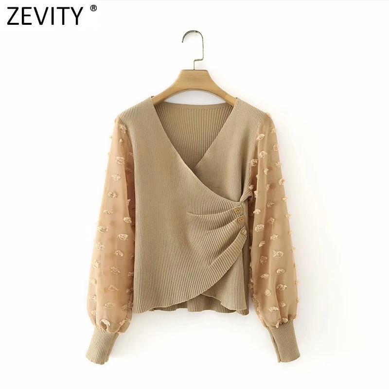 

Женская трикотажная блузка Zevity, шифоновая блузка с аппликацией в виде помпонов, с V-образным вырезом, LS7700