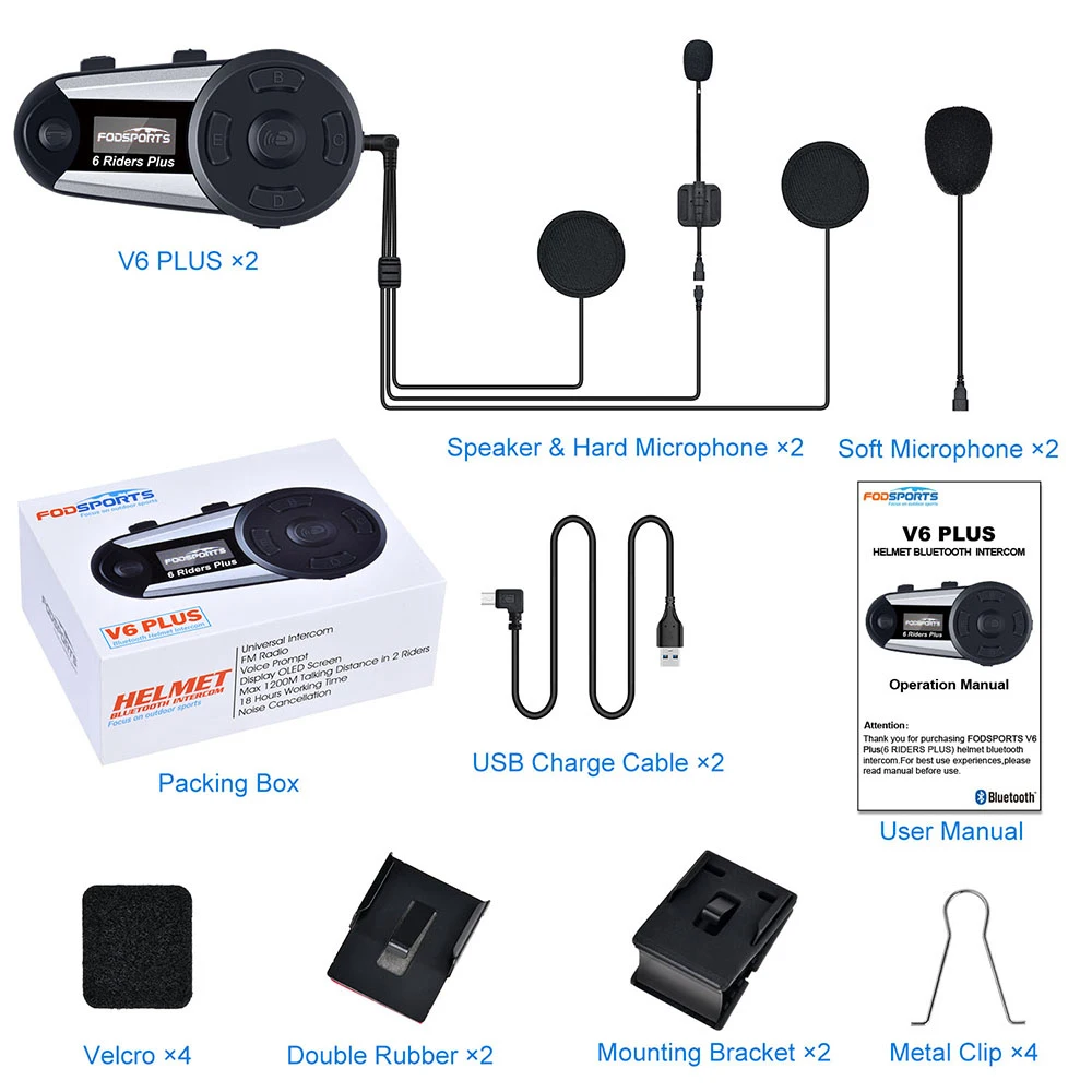 Fodsports V6 Plus мотоциклетный шлем Интерком Мото Bluetooth шлем гарнитура 6 гонщиков 1200 м BT Intercomunicador FM светодиодный