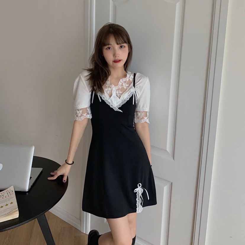 Корейский шикарный Летний милый элегантный кружевной комплект в западном стиле