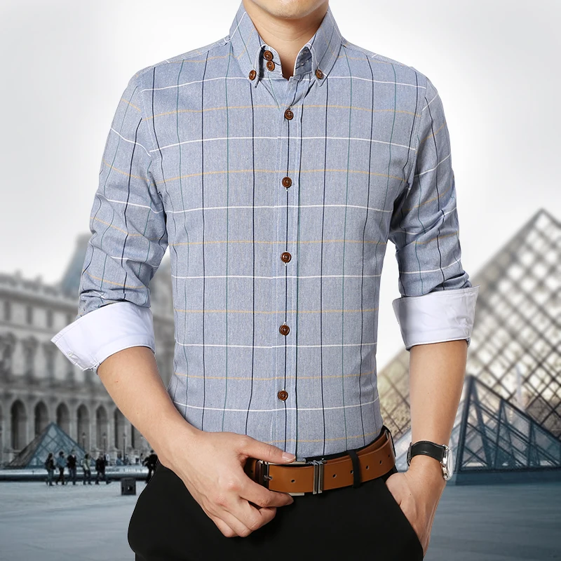 Autumn Casual Korean Men's Plaid Shirts Men's Long-sleeved Slim-fit Non-iron Business Casual Shirts 5 Colors 7 Size Men Shirt