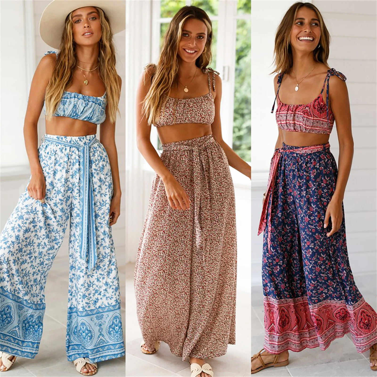 

2021 Women’s Wide Leg Pants with Waist Belt Lady Floral Printed Loose High Waist Bottoms, Long Elastic Band Wild Fashion Pants