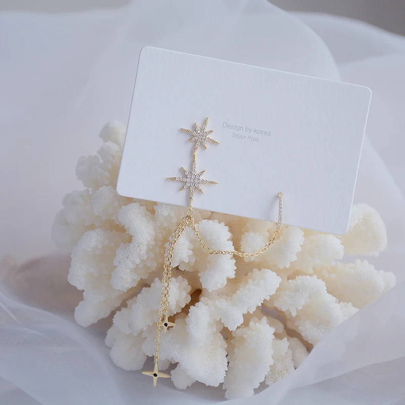 

2021 Korean Trendy Design Double Pierced Ears Star Tassel Earring Charm Light Bling Zircon Stud Earring Wedding Jewelry Pendant