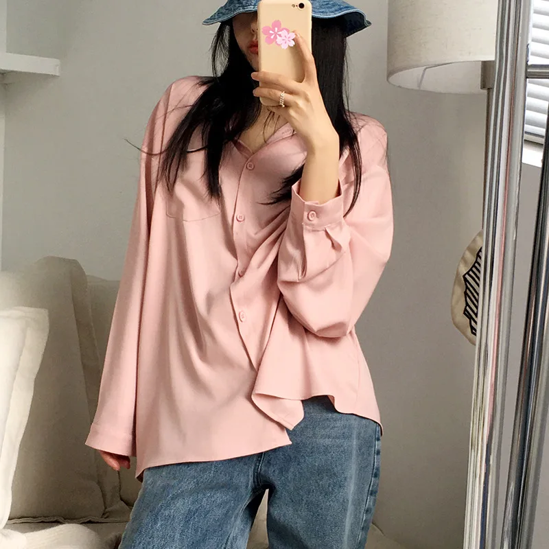 

Loose Casual Women Long Sleeve Blouse Korean Style Streetwear Pockets Chic Vintage Harajuku Cardigan Female Shirt 6 Color
