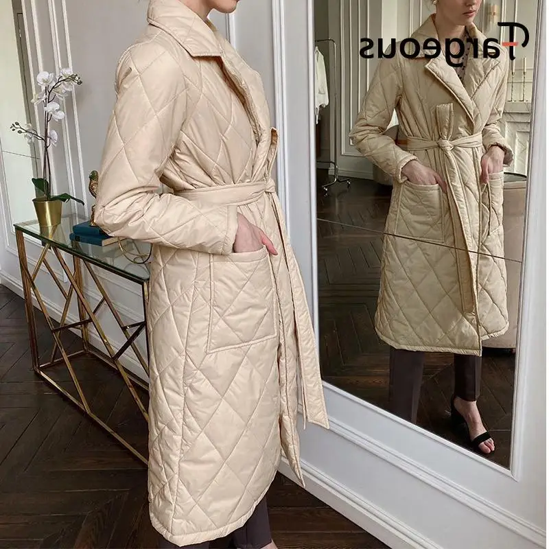 

SYVTAIYO Long Straight Winter Coat Diamond Pattern Lace-up Waist Women's Parka with Deep Pockets Custom Collar Fashion Coats