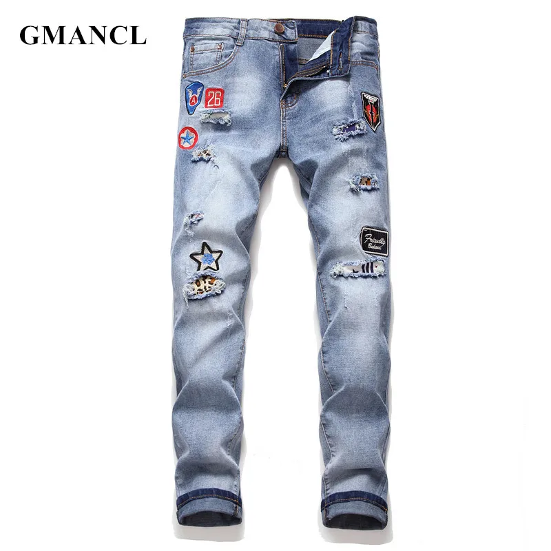 

Men Ripped Skinny Jeans streetwear Knee holes badge embroidery Destroyed Patch Male Stretch Casual Joggers denim trousers