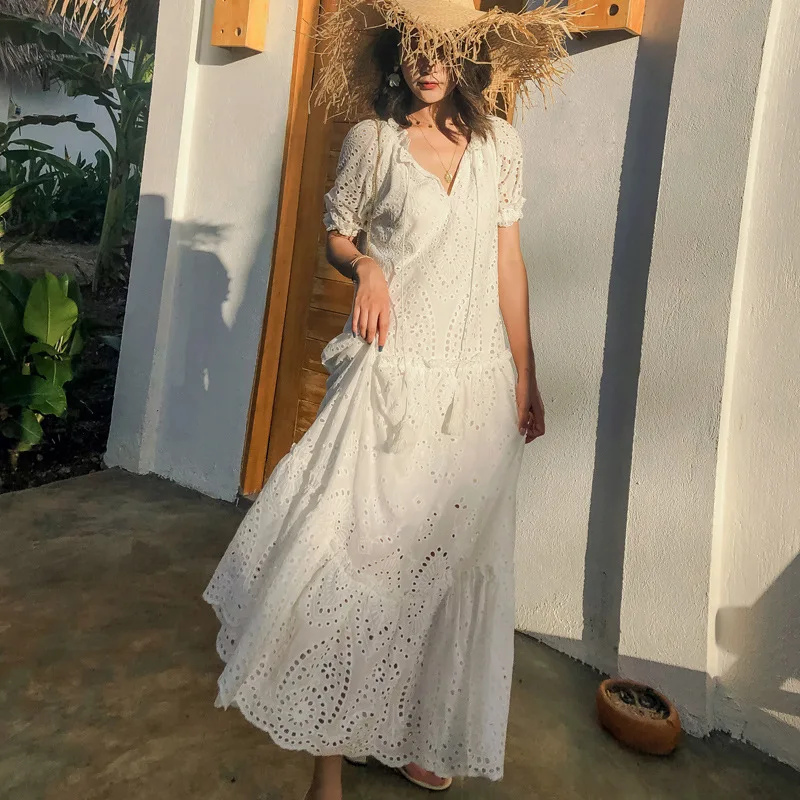 Long Hollow Cut Women Dress Oversize Maxi Dress Cotton Fashion Bohemian Summer Gowns Chic  DZA470