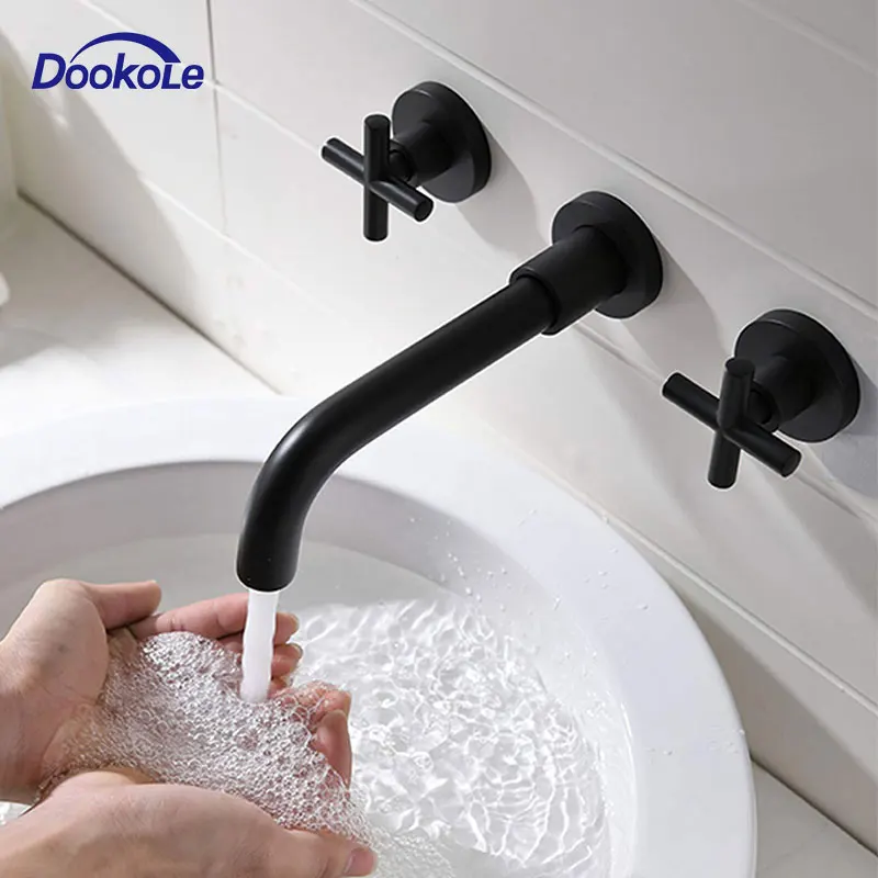 

Bathroom Sink Faucet Wall Mount, Brass 3 Hole Basin Mixer with Double handle for sink basin,washroom mixer tap Matte black