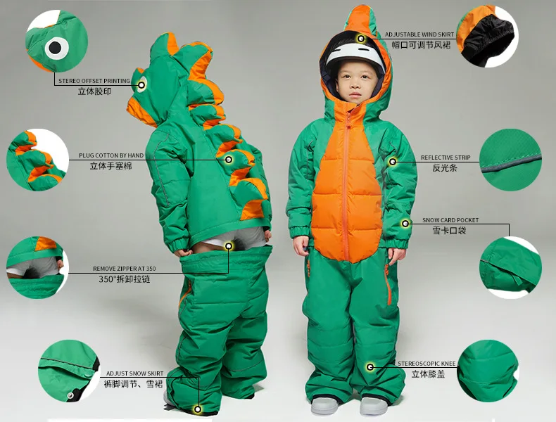 Children Cartoon Ski Suit Splittable for Men And Women Baby Thick Wind-Resistant Waterproof One-Piece Set Dinosaur | Спорт и