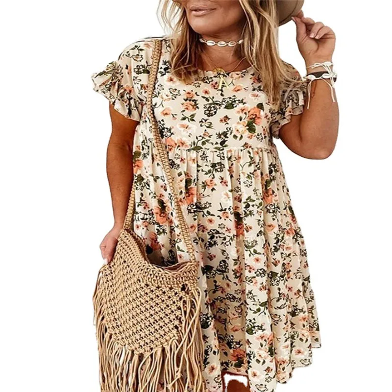 

Summer Floral Print Ruffle Mini Dress 2021 Women Spring Butterfly Short Sleeve Party Dress Sexy O Neck Lady A-Line Dress Vestido