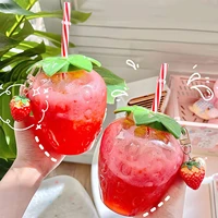 summer cartoon kawaii strawberry straw cup plastic cup lovely girl milk tea coffee cup student portable water cup water bottle