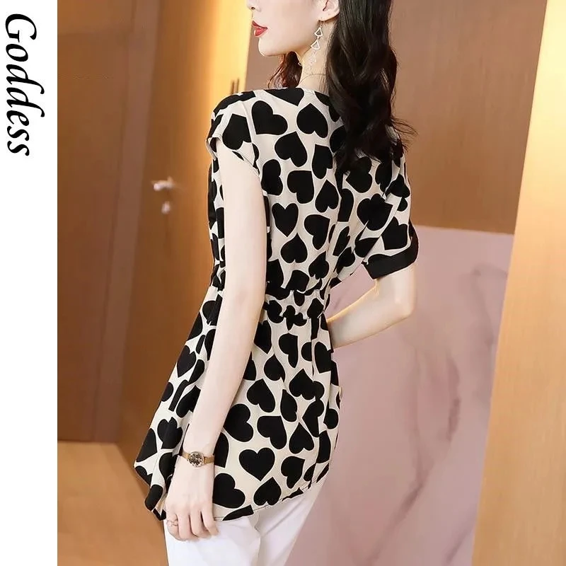 

2021 Summer Large Size Love Short-sleeved Chiffon Shirt Ladies New Style Korean Design Sense Printing Irregular Casual Top