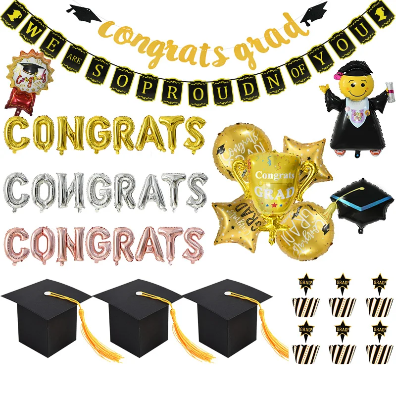 

1-15pcs Congratulation Grads Decorations Class of 2022 Graduation Decor Pull Flag Cake Topper Boxes Balloon Grad Party Supplies