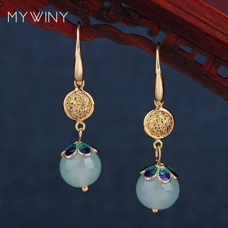 MYWINY медная Корона натуральные камни серьги винтажная мода авантюрин Модные