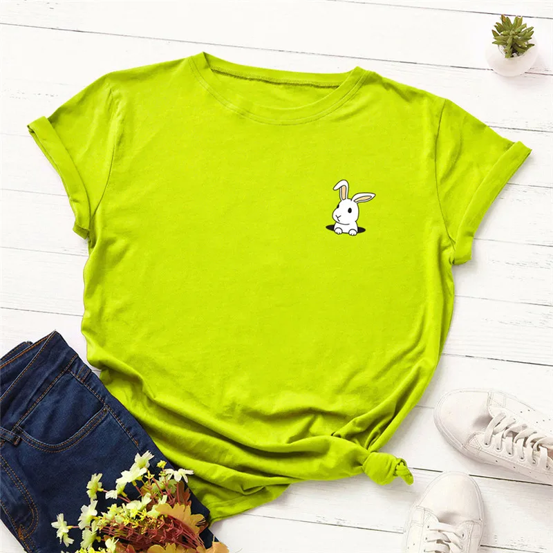 

S-5XL Plus Size Women T-Shirts Lovely Rabbit Print Shirts 100%Cotton Women Clothing O Neck Short Sleeve Tee Woman Tshirts