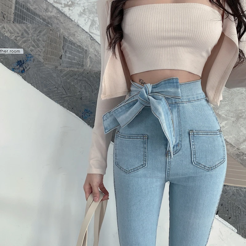 

Женские брюки-карандаш с бантом, элегантные винтажные джинсовые брюки-клеш, модель KZ1030 в Корейском стиле на весну и осень, 2021