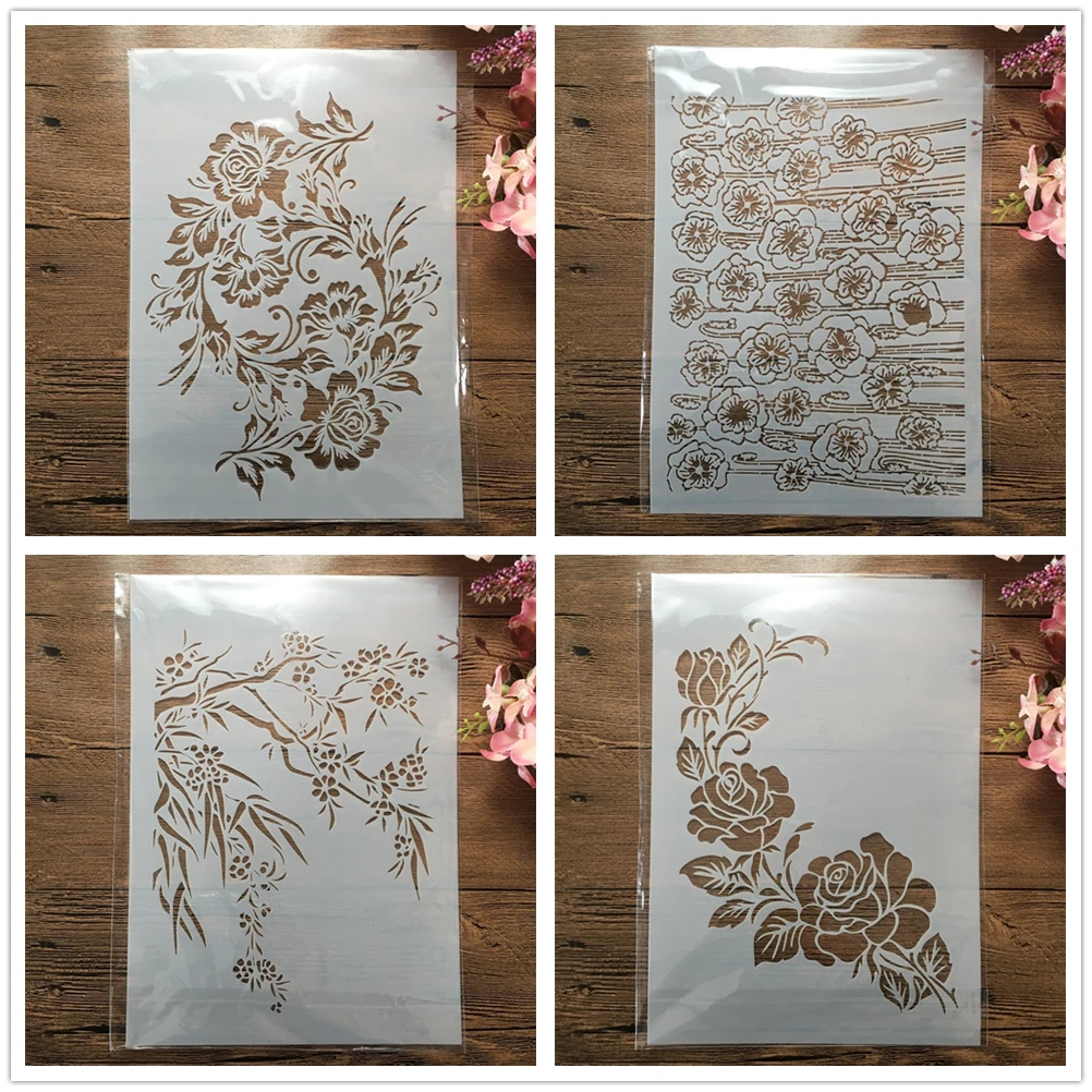 

4Pcs A4 29cm Plum Rose Flower Branch DIY Layering Stencils Painting Scrapbook Embossing Hollow Embellishment Printing Lace Ruler