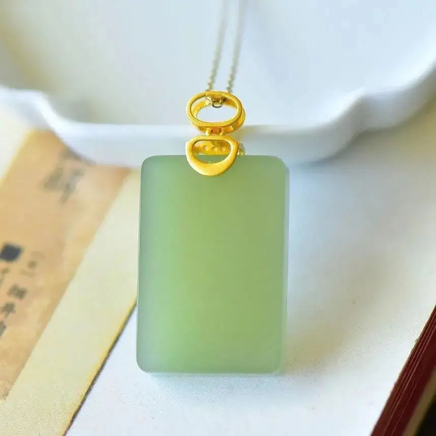 

2021 hot new style Natural Hetian Jade Green Jade Tranquility and Peace Plate Pendant Square Vintage Ornament for Women