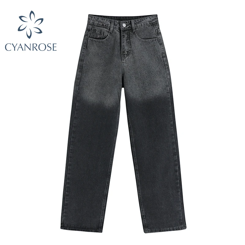 Джинсы женские с широкими штанинами и высокой талией темные прямые мешковатые