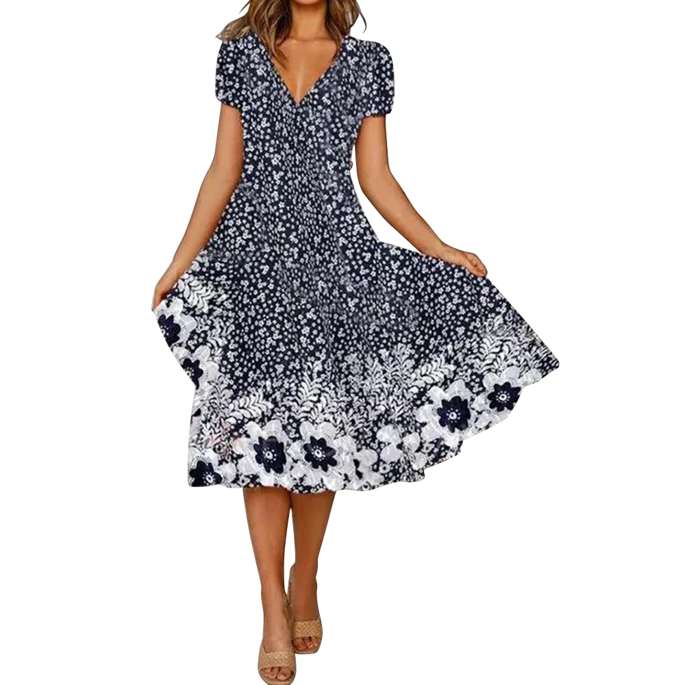 

Women Summer Dress Short Sleeve Midi Dress A-Line Female Floral Print Boho Beach Dress Fashion V Neck Party Ladies Dresses