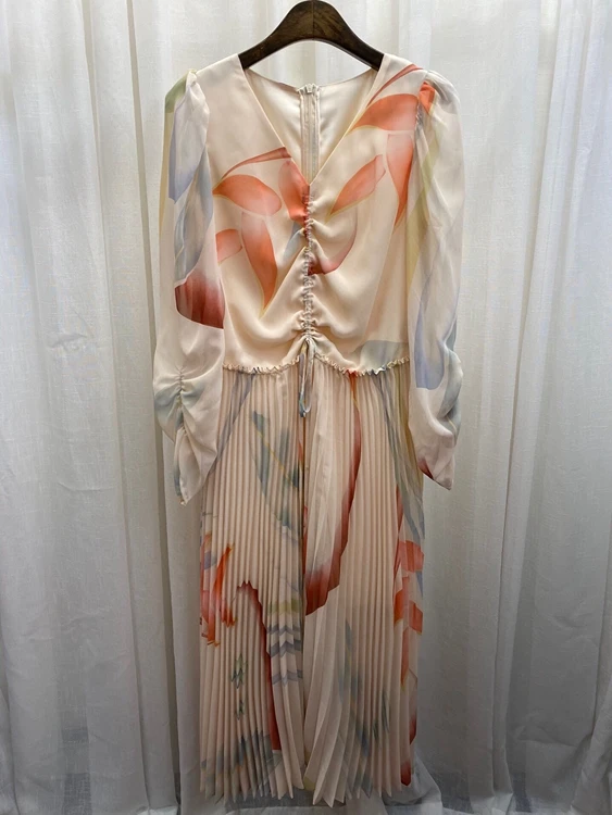 

2021 Новая Женская мода с длинным рукавом и v-образным вырезом, с молнией сзади, на завязках в складочку Плиссированное Платье с принтом для де...