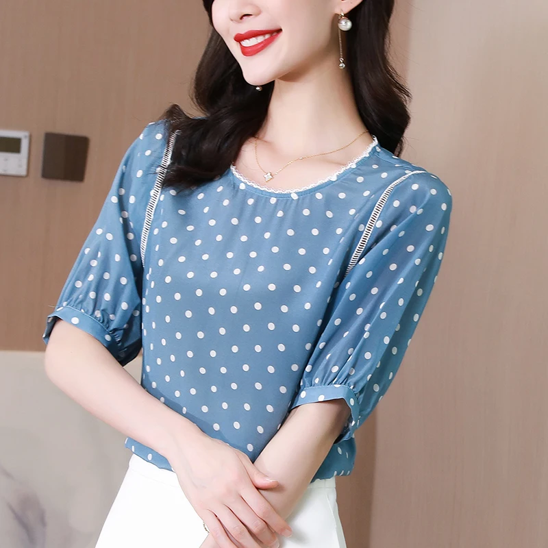100% Real Silk Women Casual Shirt Tops Summer Elegant O-neck Hollow Out Patchwork Half Sleeve Loose Lady Dot Print Blouse Shirts