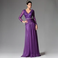 evening party saree robe de soiree courte purple lace crystal sexy v neck beach long sleeves mother of the bride dresses