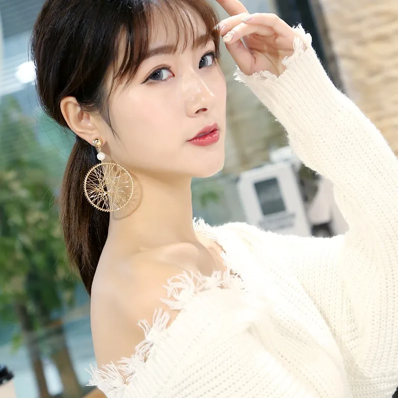 Exaggeration Mesh Metal Statement Earrings Korean Golden Color Hollow Knit Web Alloy Big Drop for Women Jewelry Brincos | Украшения и