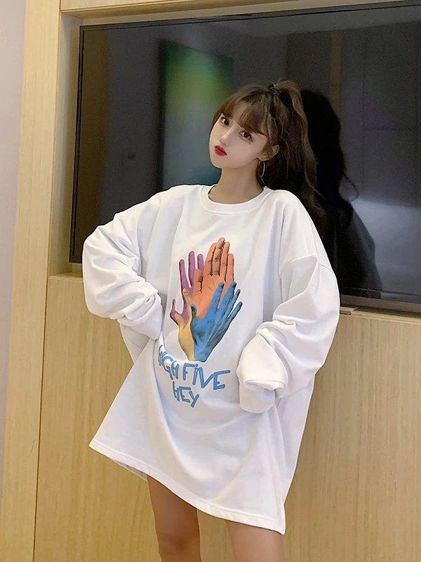

New autumn sweater women Harajuku Korean loose casual thin long-sleeved round neck pullover short sweater couples matching cute