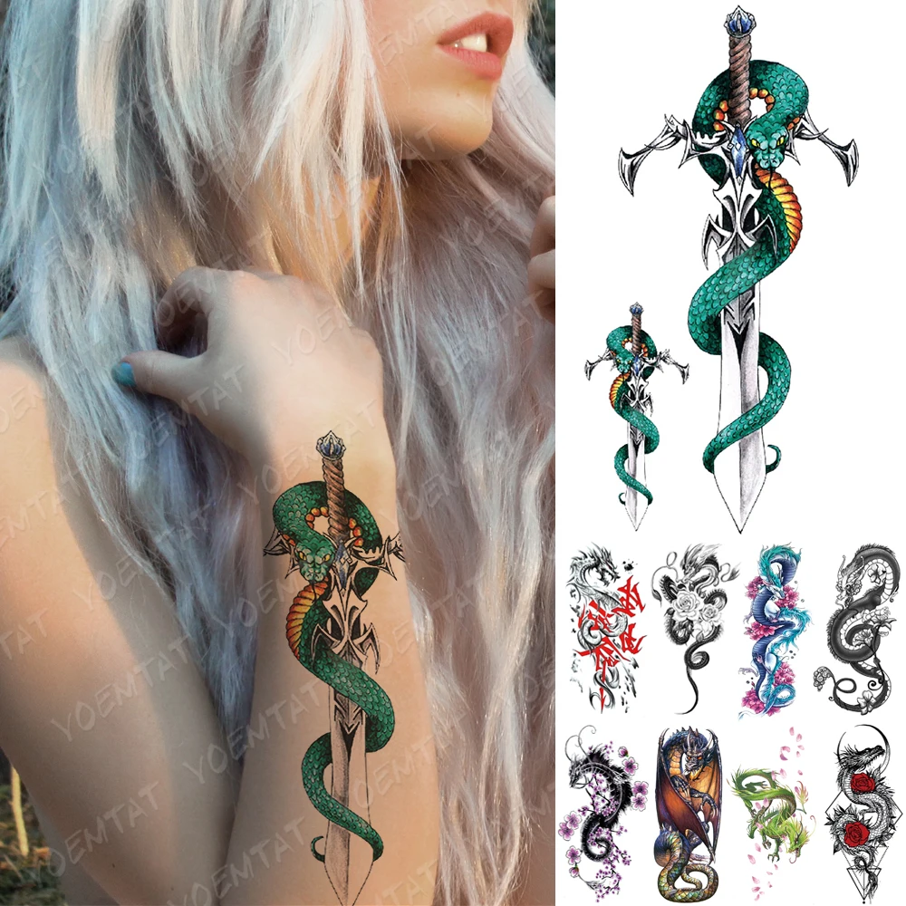 

Водостойкая временная татуировка-наклейка, Меч дракона, змея, флэш-татуировки, тотем, Череп, роза, боди-арт, рука, имитация рукава, татуировки...