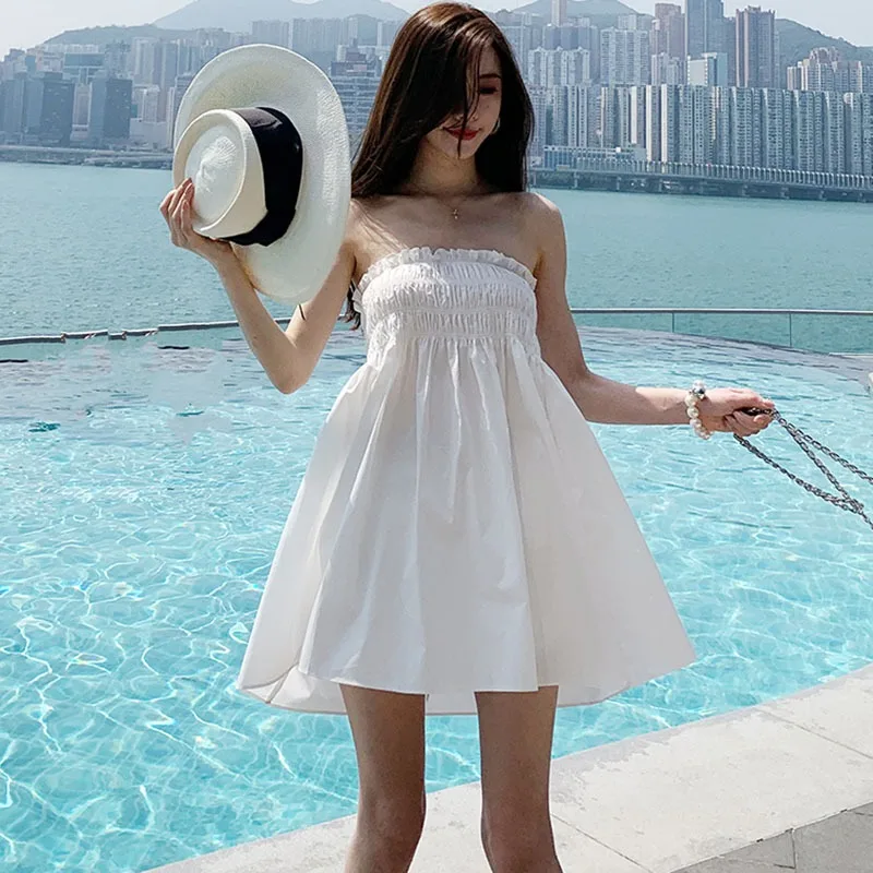 

Elegant Women Summer Dresses Strapless Loose Dress Female Printed Wrap Party Beach Club Mini Dresses Outfits Wrap Dress