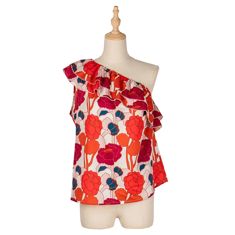 

Spring Summer Sexy Strapless Print Blouses Women Casual Ruffles Skew Collar Blouse Shirt Top For Women 2021 New