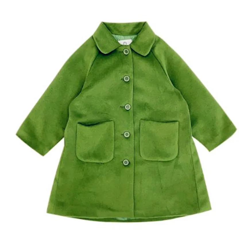 Осенне-зимнее плотное теплое зеленое длинное шерстяное пальто для маленьких
