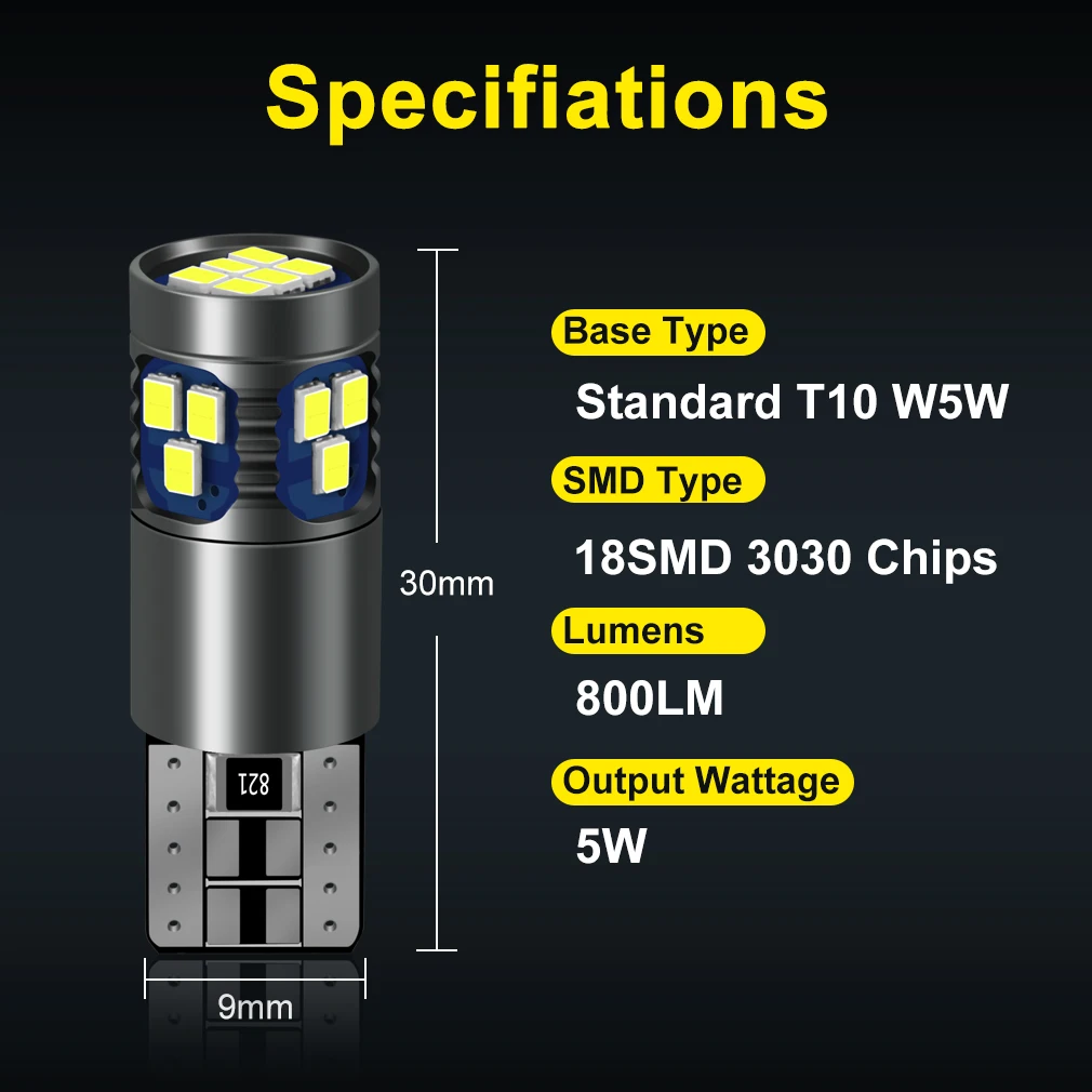 2 шт. T10 W5W светодиодные лампы супер яркие 18SMD 3030 чипы 168 194 поворотный одиночный