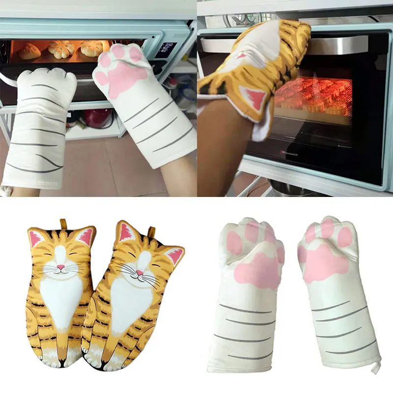 

1Pcs(not 1 Pair) 3D Cartoon Cat Paws Oven Mitts Long Cotton Baking Insulation Gloves Microwave Heat Resistant Kitchen Gloves