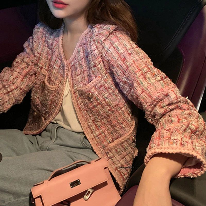 

2022 New Spring Pink Plaid Tweed Jacket Women Coat Korean Autumn Women's Jacket Short High Quality Lady Jacket QT74