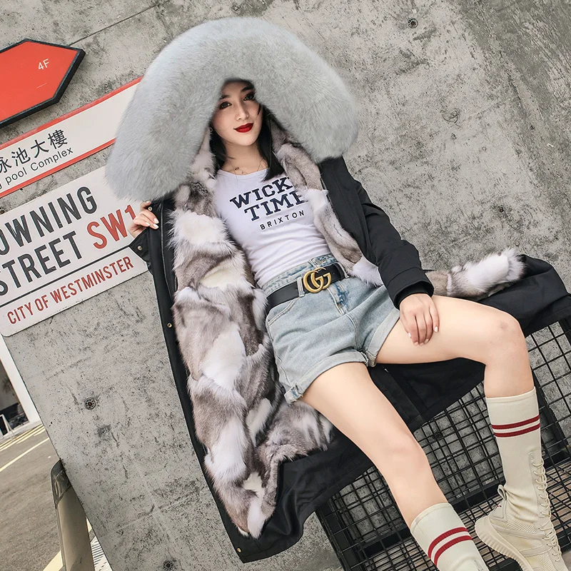Вечерние зимние новинка 2020 лисий мех внутри пальто с капюшоном женские средней