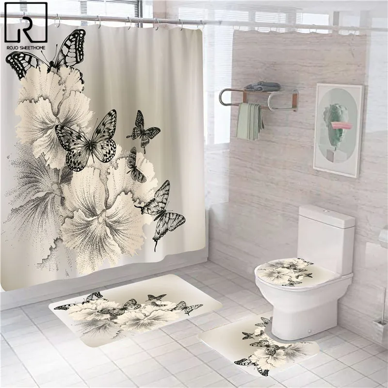 blue red pink rose print shower curtain with hooks bathroom mat set anti slip soft bath carpet lover valentines home decoration free global shipping