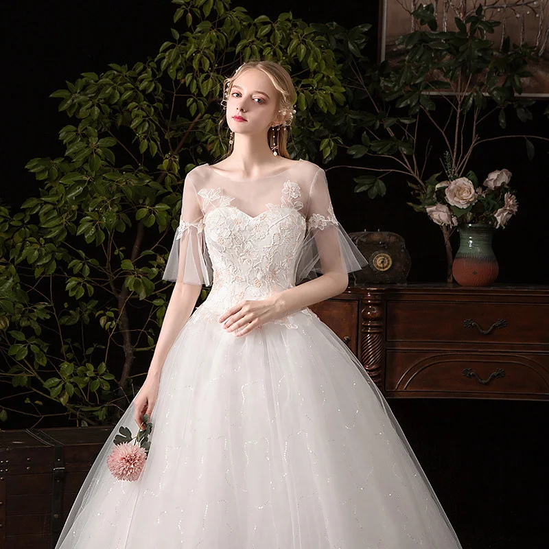 

2021 Bride Wedding Dress New Short Sleeve Round Neck Bra Wedding Dress Wedding Dress Handmade Mesh Vintage Weddingdress Sexy