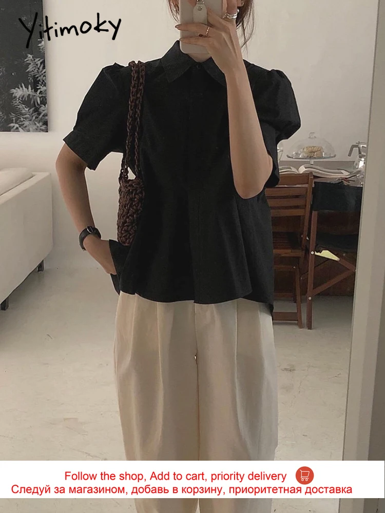 

Yitimoky Women's Blouse Button Up Summer Wear Korean Fashion Short Puff Sleeve Ladies Tops Turn-down Collar Folds Fashion New