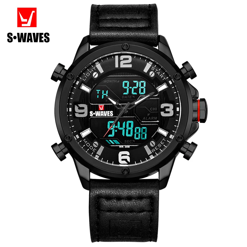 

SWAVES Unique Relogio Masculino Waterproof Black Sports Multi Function Watch Men Leather Casual Fashion Quartz Wristwatch Mens